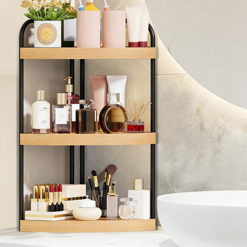 Organisateur de comptoir de salle de bain d'angle à 3 niveaux, tablette peu encombrante pour meuble-lavabo, organisateur de comptoir robuste et imperméable avec finition grain de bois