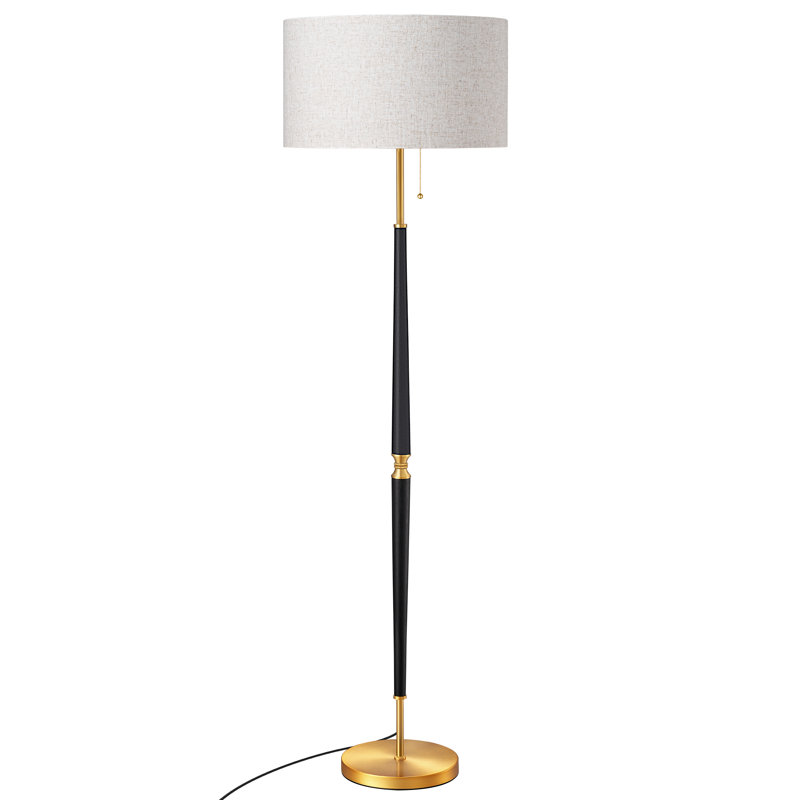 Lampe sur pied traditionnelle en métal et bois massif avec abat-jour tambour 61,8 po Salcido, Laiton satiné