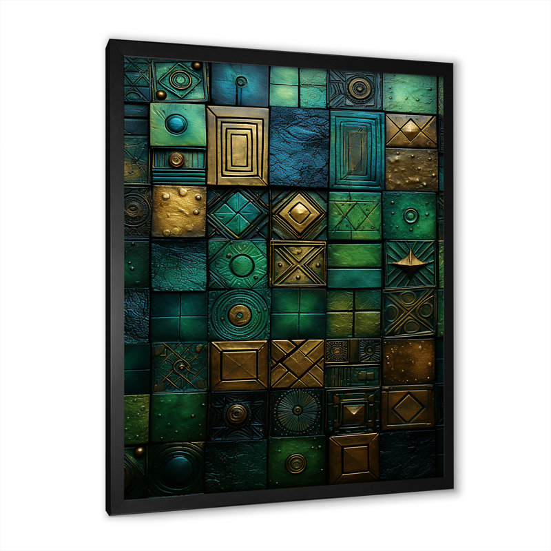 Carreaux de mosaïque vert Maya - art mural abstrait, Cadre photo noir, H 32 po x l 16 po x P 1 po