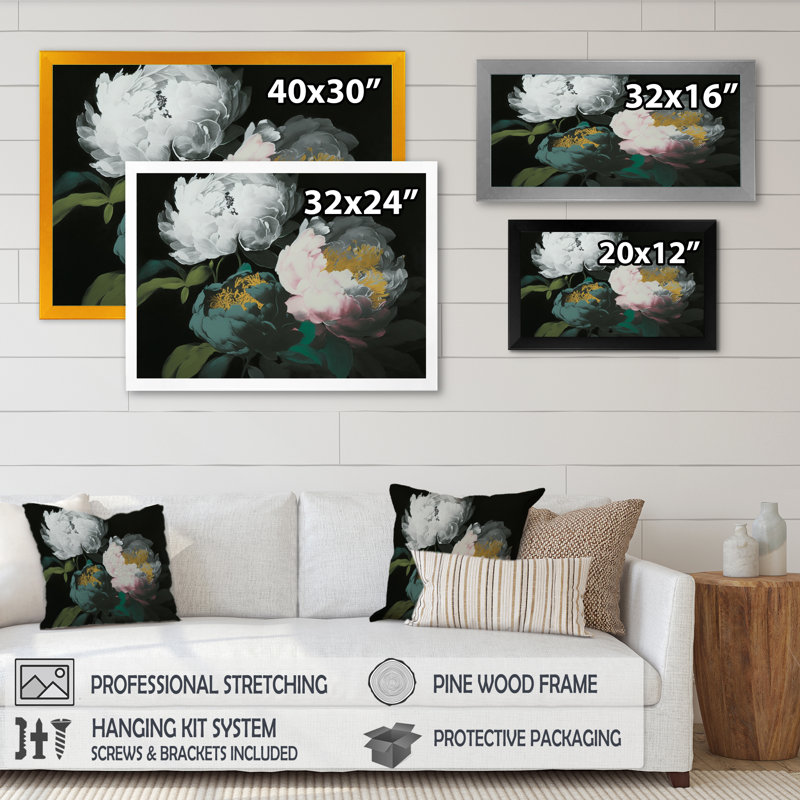 «White Blossoming Peony on Black II», reproduction sur toile, L 20 po x H 12 po, Toile avec cadre photo doré