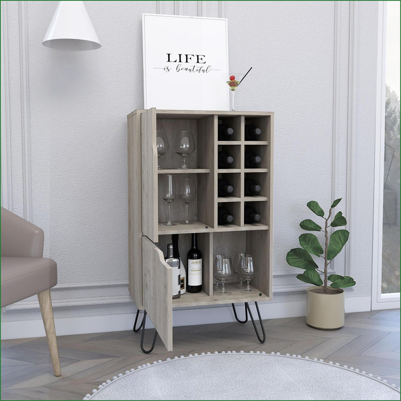 Bar, forme de L moderne avec 8 casiers à vin, 2 armoires à une porte | Gris clair | Panneau de particules