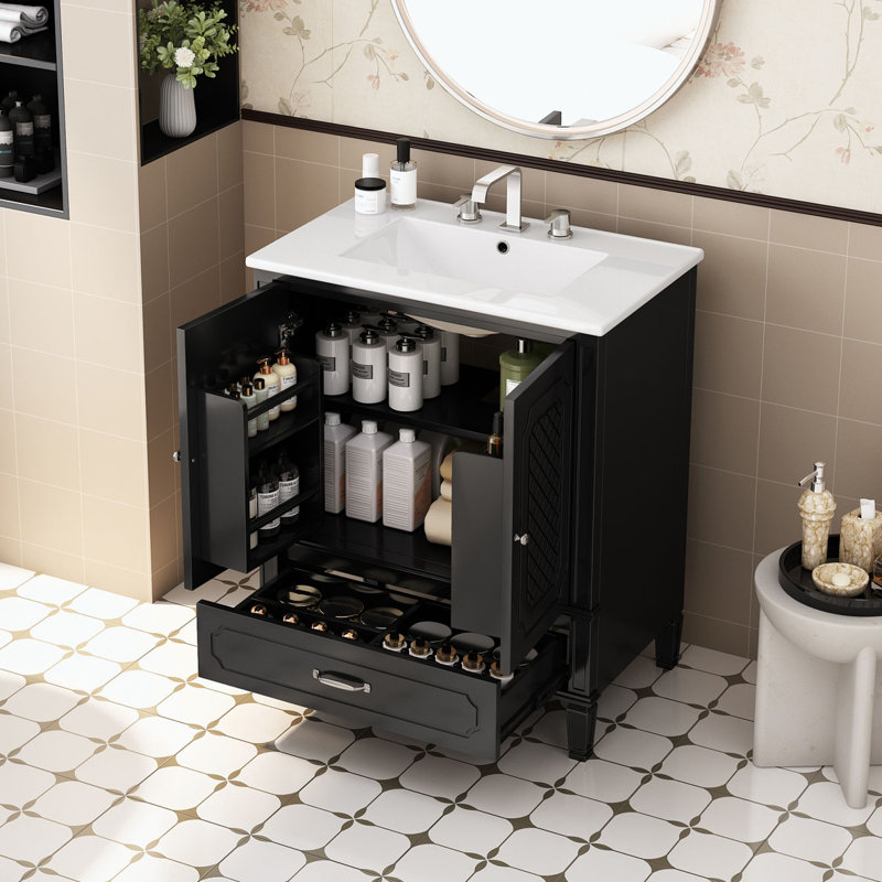Meuble-lavabo avec lavabo et armoire avec tiroirs, Noir