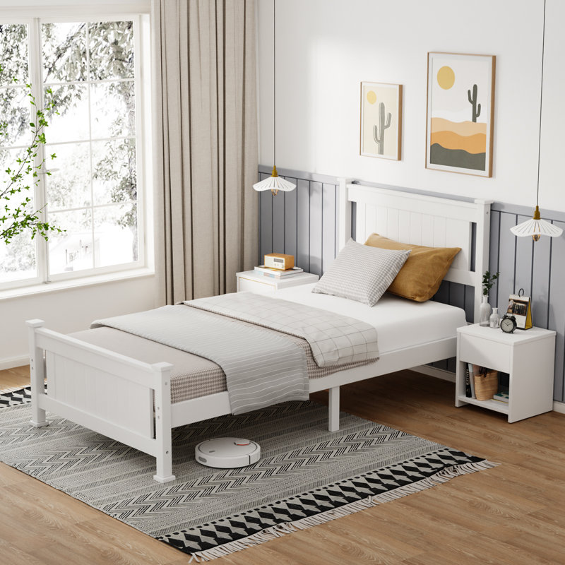 Wood Bed With Headboard, White, Twin