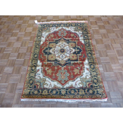 Tapis de la zone en laine rouge 4 pi x 5 pi 10 po one-of-kind main noué la Elbridge