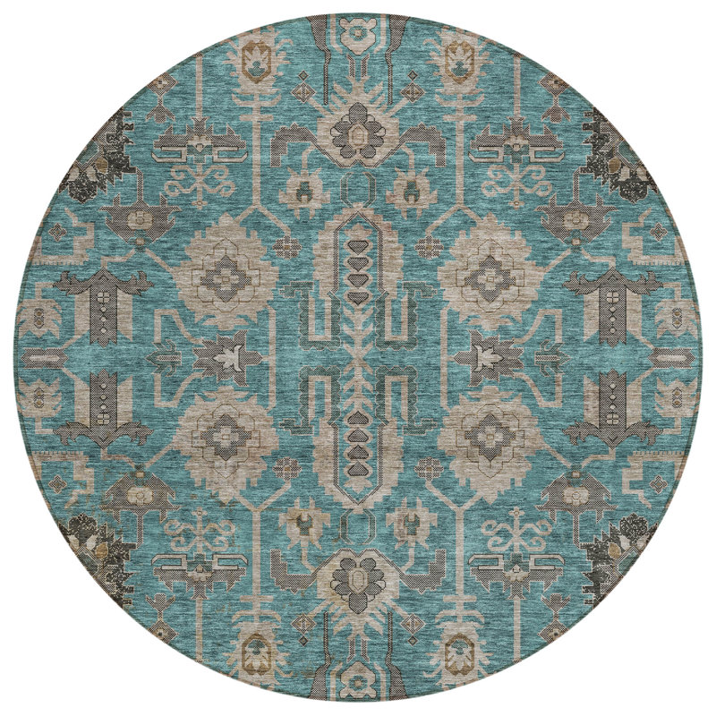 Tapis d'intérieur rond 8 pi bleu turquoise et beige lavable oriental oriental bleu sarcelle
