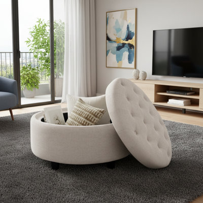 Beige Fabric-Upholstered Footstool, Round Design With Storage And A Flip-Up Tray. Suitable For Living Room, Bedroom, And Entryway.