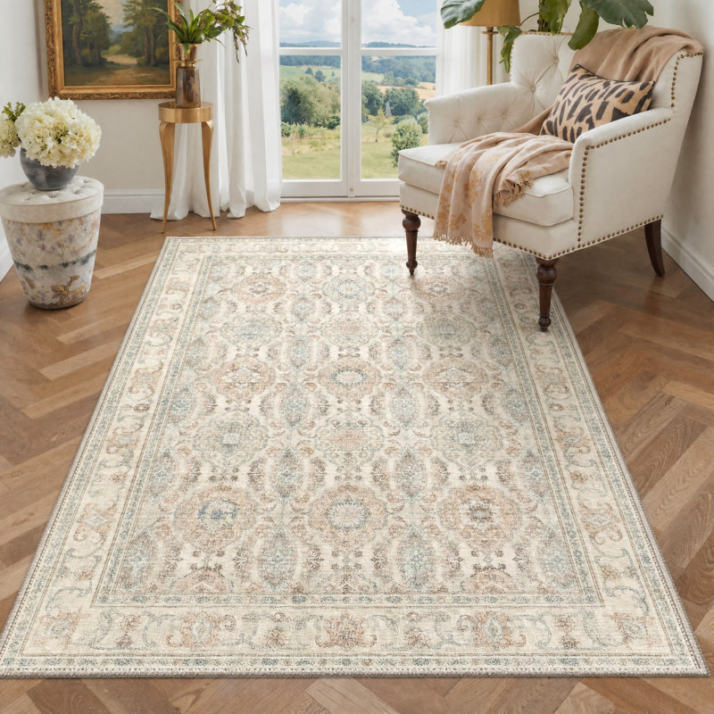 Tapis oriental beige lavable à la machine avec envers antidérapant, Rectangulaire 8 pi x 10 pi