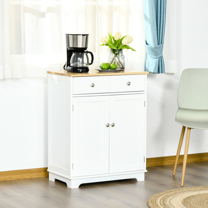 White Sideboard With 2 Doors And Drawers - Adjustable Shelf For Kitchen Spacious Storage Cabinet Pots, Plates, Containers 2-Doors Buffet Cabinet, Kitchen, Hallway, Garage