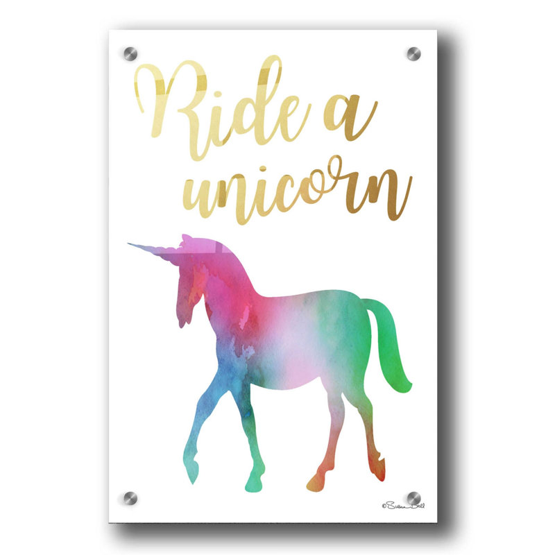 «Ride a Unicorn» par Susan Ball, art mural en verre acrylique, H 36 po x l 24 po x P 0,2 po