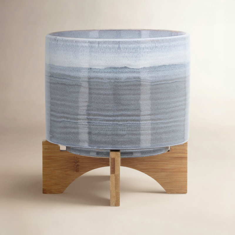 Modern Textured Ceramic Planter with Stand Indoor Outdoor, 9" H x 8" W x 8" D, Striped Blue