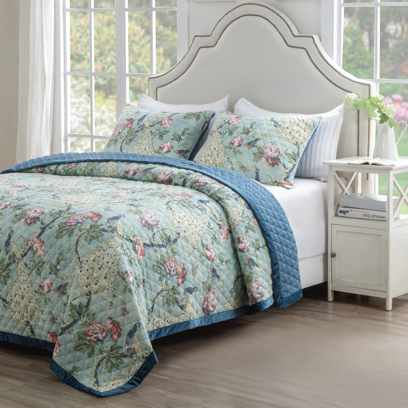 Ensemble de courtepointe très grand 3 pièces Greenland Home Fashions Pavona Jade 105 x 95 + 20 x 36 (2), Très grand lit