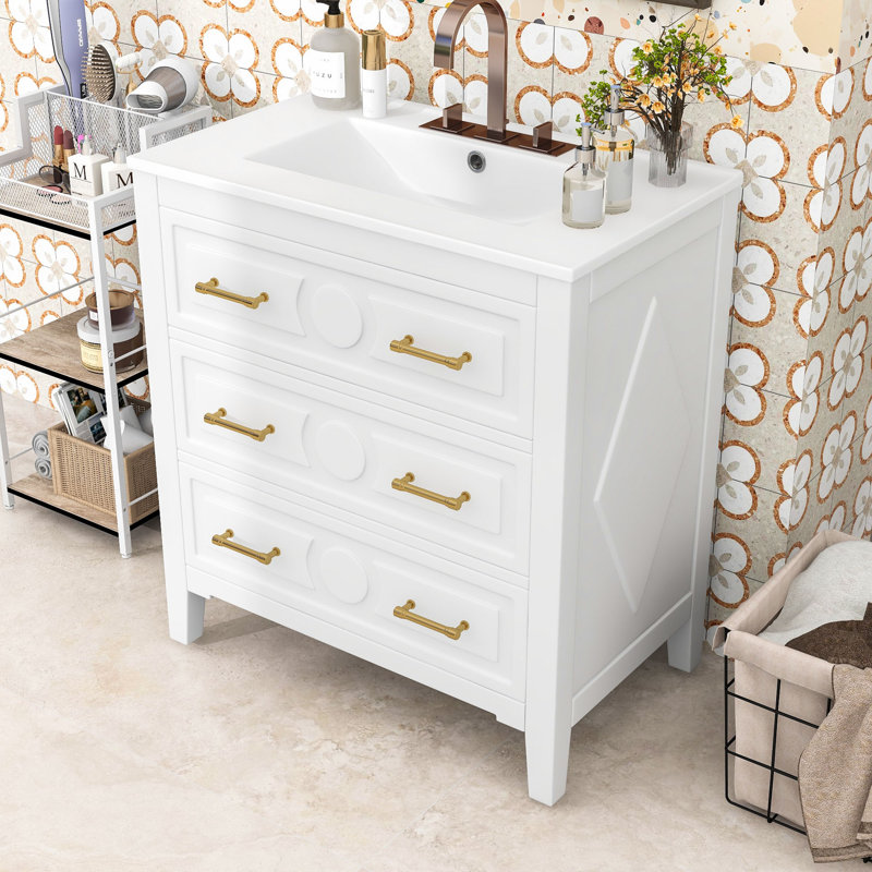 Meuble-lavabo autoportant avec tiroirs dissimulés, Blanc, Doré, 30"