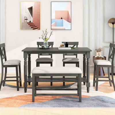 6 tables de salle à manger avec tablette à hauteur de comptoir, 4 chaises et banc pour une collection de style familial, et une tablette de qualité