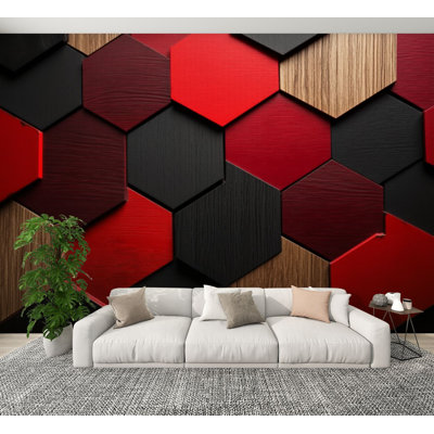Futuristic Peel and Stick Wallpaper Geometric Hexagonal Shades Red Black Wood Tones Wall Murals 69"H x 96"W Removable PVC Wall Paper Self-Adhesive Wall Decor for Bedroom Living Room Home Office