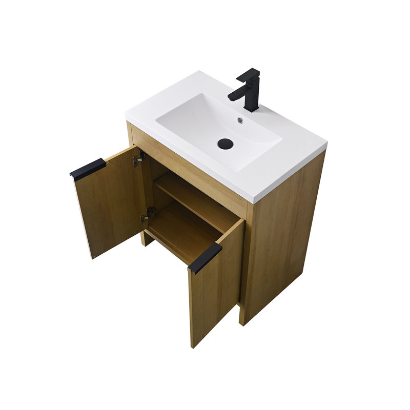 Meuble-lavabo simple 30 po au fini chêne naturel avec lavabo en résine blanc à surface solide, 30"
