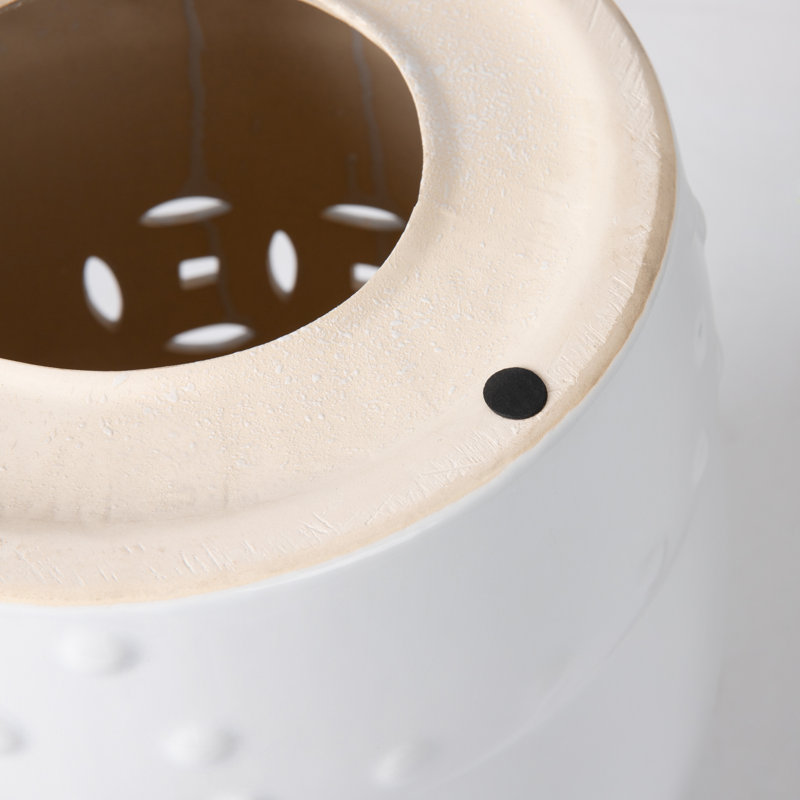 Optic White Ceramic Garden Stool with Double Medallion Design