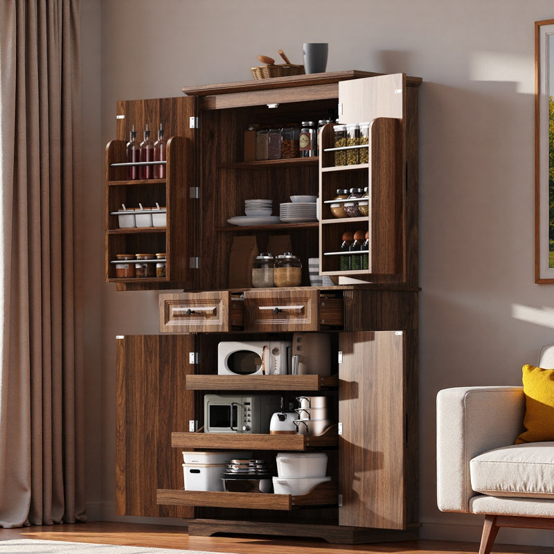Grand garde-manger avec 3 armoires coulissantes, 6 portes et 2 tiroirs, Brown