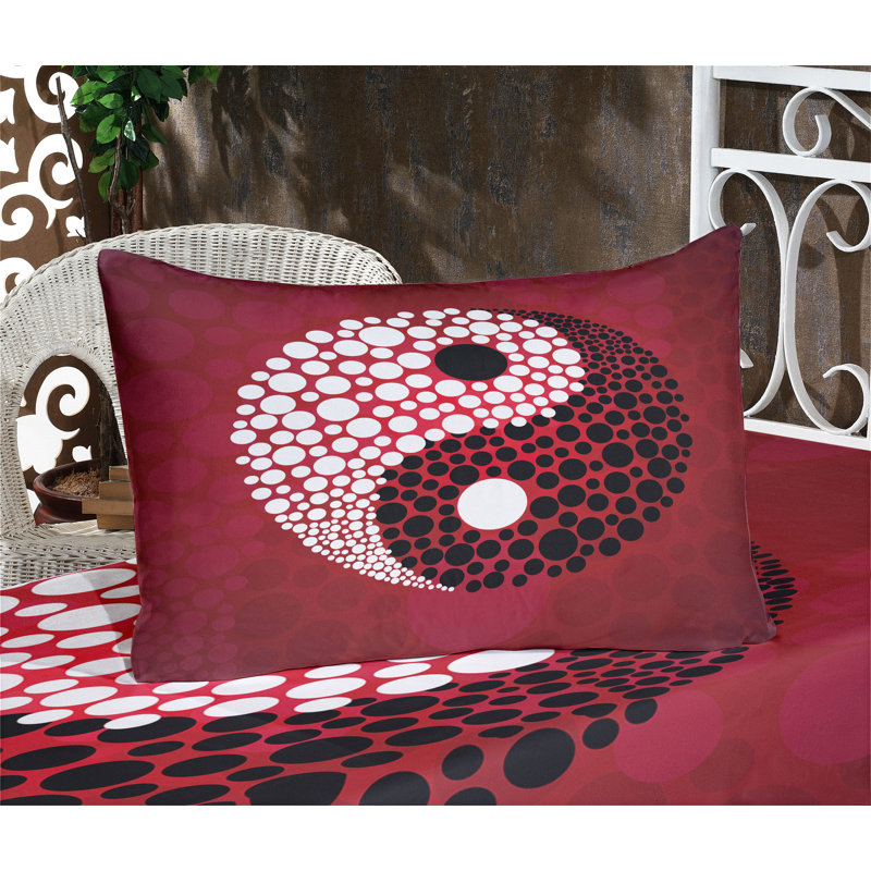 Drap-housse et coussin décoratif Ambesonne Ying Yang, rouge, Ensemble de draps pour lit simple + deux taies d'o
