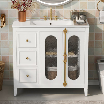 Meuble-lavabo de 36 pouces avec 2 portes à fermeture douce et 3 tiroirs pour le rangement de la salle de bain