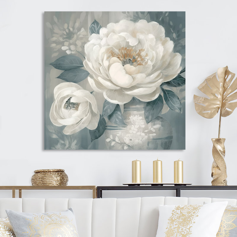 Émotion de pivoine blanche et bleue I, H 16 po x l 16 po x P 1 po