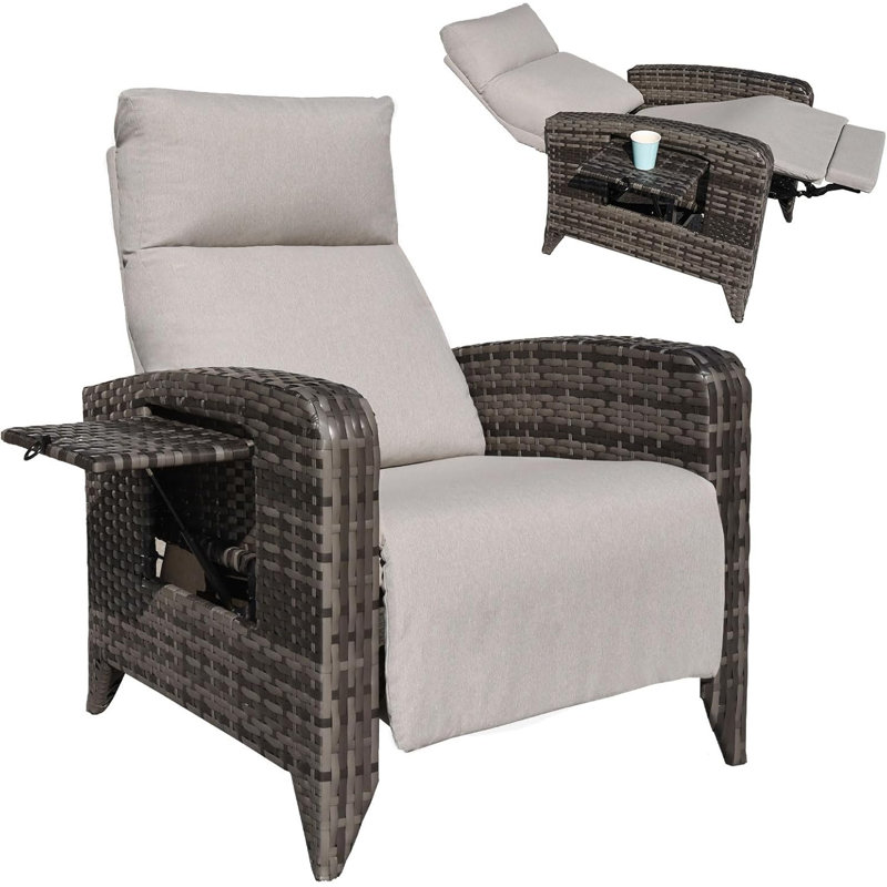 Dasai Wicker Outdoor Recliner Chair with Table, Beige, Brown/Dark Gray