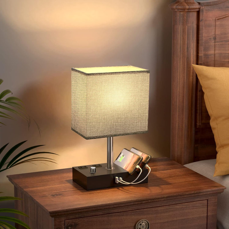 Grey Small Bedside Table Lamp with Charging Outlets and Phone StandsWooden Desk Lamp for Living Room