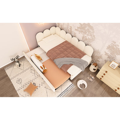 Lit de jour tapissier simple avec lit escamotable, velours beige, structure à lattes en métal, idéal pour lit d'invité en velours, espace, repos confortable