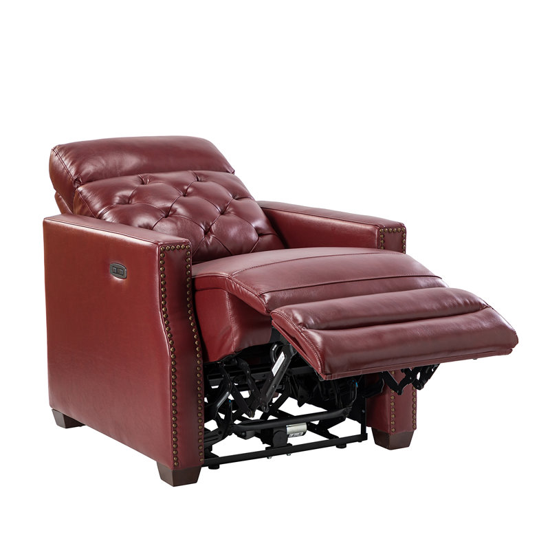 Gumesindo 31.50" Wide Genuine Leather Power Recliner, Burgundy Genuine Leather