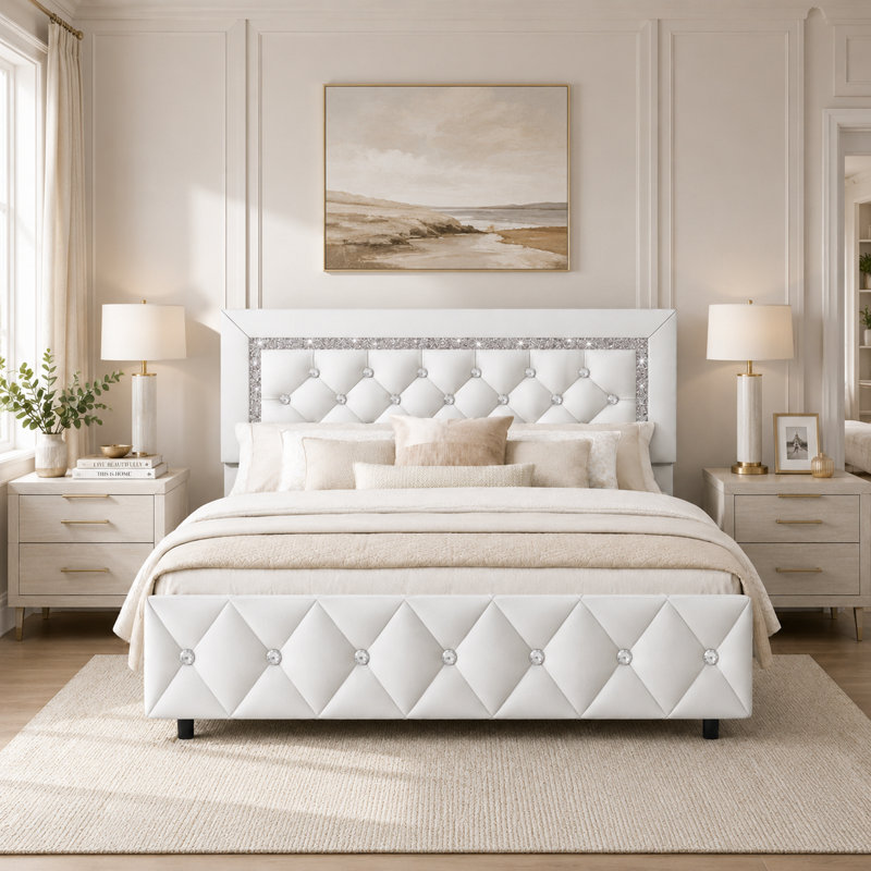 Lit plateforme capitonné en simili cuir avec tête de lit incluse, aucun sommier nécessaire, Blanc, Grand lit