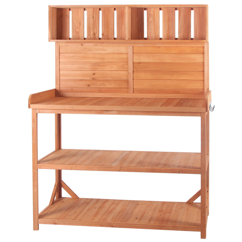 Grande table de rempotage d'extérieur de style campagnard avec banc de jardin avec 4 tablettes de rangement et crochet latéral