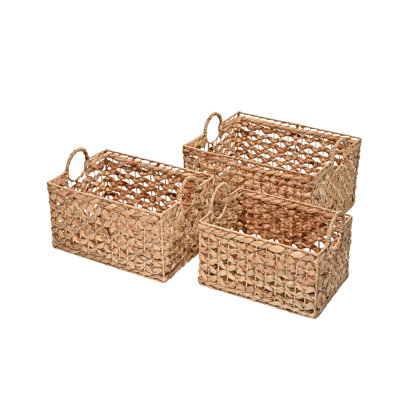 Burruss Bohemian Cottage Woven Hyacinth Rectangular Storage Baskets with Handles (Set of 3)