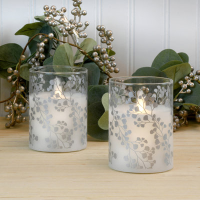 Battery Operated LED Glass Candles with Flickering Flame, Fern - 2 Piece