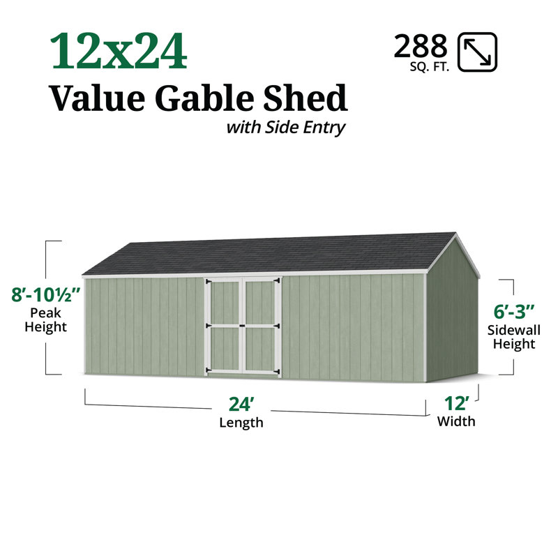 Value Gable Shed With Side Entry, Yes, 106.5'' H x 144'' W x 288'' D