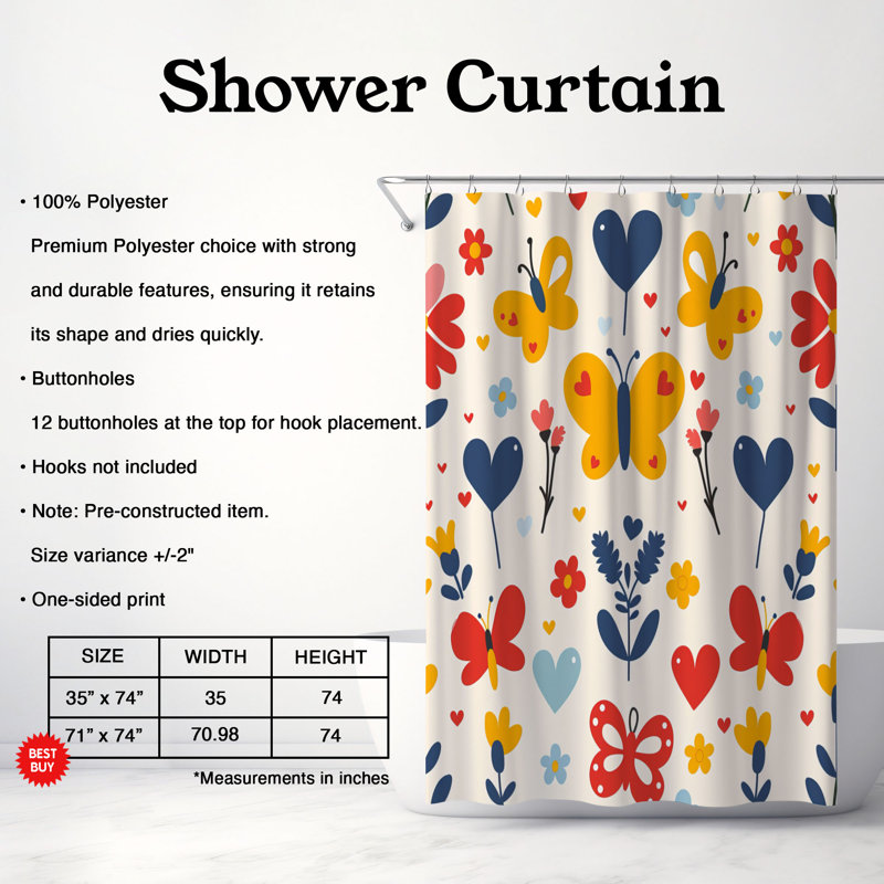 Butterflies & Hearts - Rideau de douche Premium, H 74 po x l 71 po