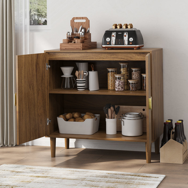 Walnut Wood Buffet Cabinet With Line Groove Design,Sideboard Buffet Cabinet With Storage,Multifunctional Accent Cabinet  For Living Room,Entryway,Hallway,Office,Kitchen