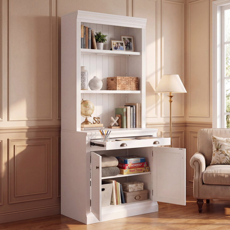 Bibliothèque de rangement moderne H 83,5 "x l 35,8" avec 3 tablettes ouvertes et 1 grand tiroir, grande bibliothèque en bois avec éclairage DEL