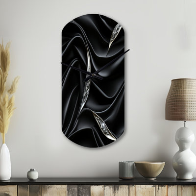 Deep Black Silver Elegance - Abstract Asymmetrical Metal Clocks, Black Cylinder Metal Wall Clock Print