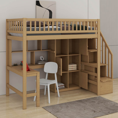 Lit mezzanine en bois avec bureau, DEL, tablettes de rangement, armoires et escalier
