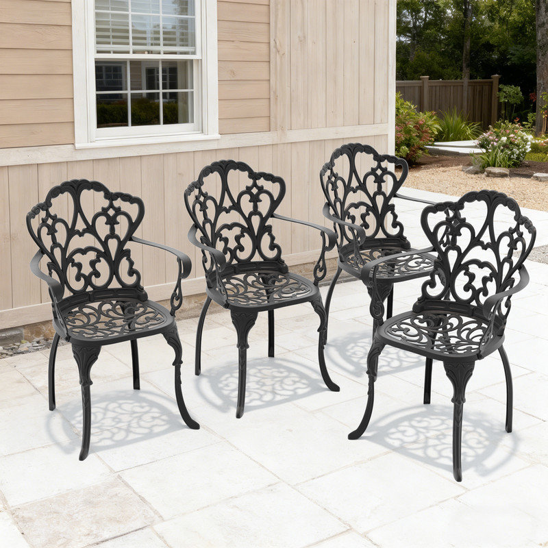 Ensemble de 4 fauteuils de jardin avec coussins, structure en aluminium moulé, noir et beige, Beige