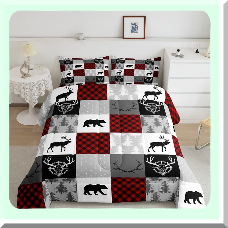 Wild Arrow Antler Queen Comforter Set - Rustic Red Buffalo Plaid Bedding with Pillowcases - Breathable Polyester Patchwork Bedding Comforters