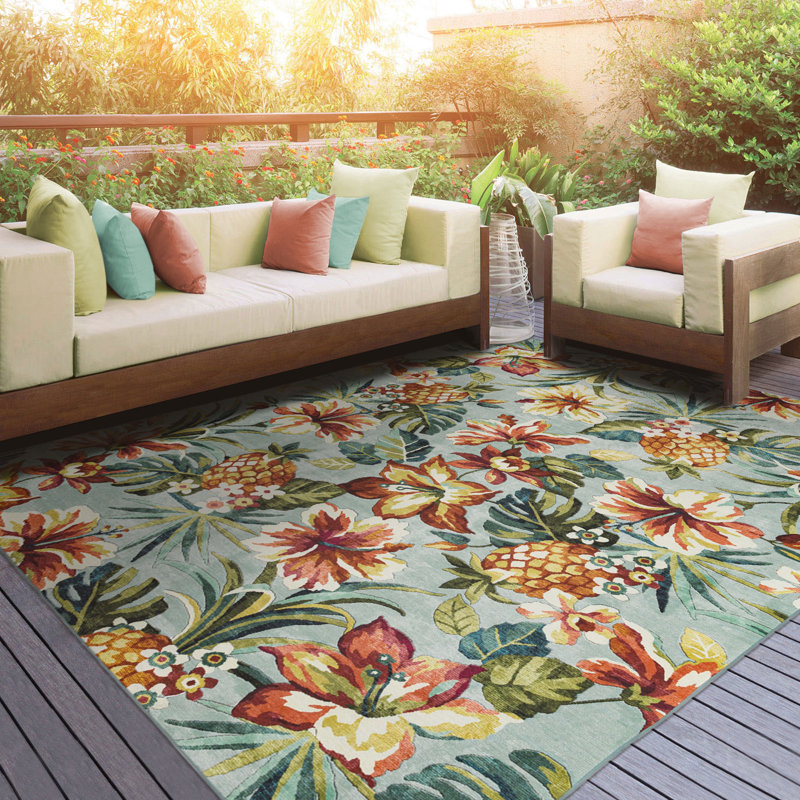 Tapis d'extérieur vert / jaune à motif floral , Rectangle 5 pi x 7 pi