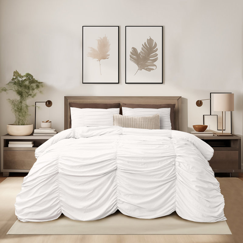Ensemble d'édredon ruché Wonderful, Grand renoncement + 2 taies décoratives standard, Blanc