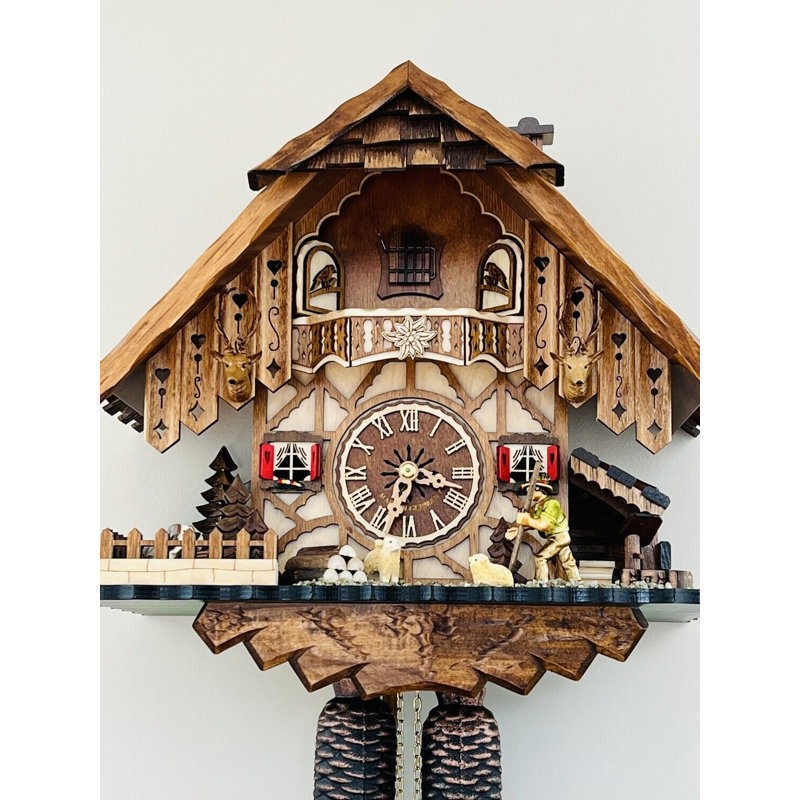  Horloge coucou Eight Day - 13,5 po de hauteur - Conception de chalet avec marche mobile