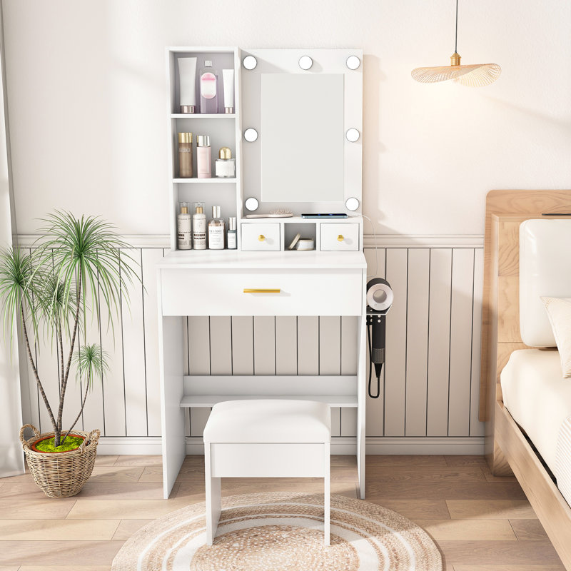 Compact Vanity Desk In White With Adjustable Led Lights, Power Outlet, And Hairdryer Holder - American Design For Bedroom Modular Organization Easy Assembly Dressing Mirror, Style Setup Three Mode