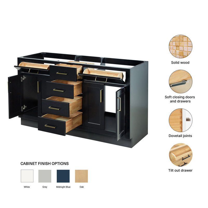 60" Double Bathroom Vanity Base Only, Black