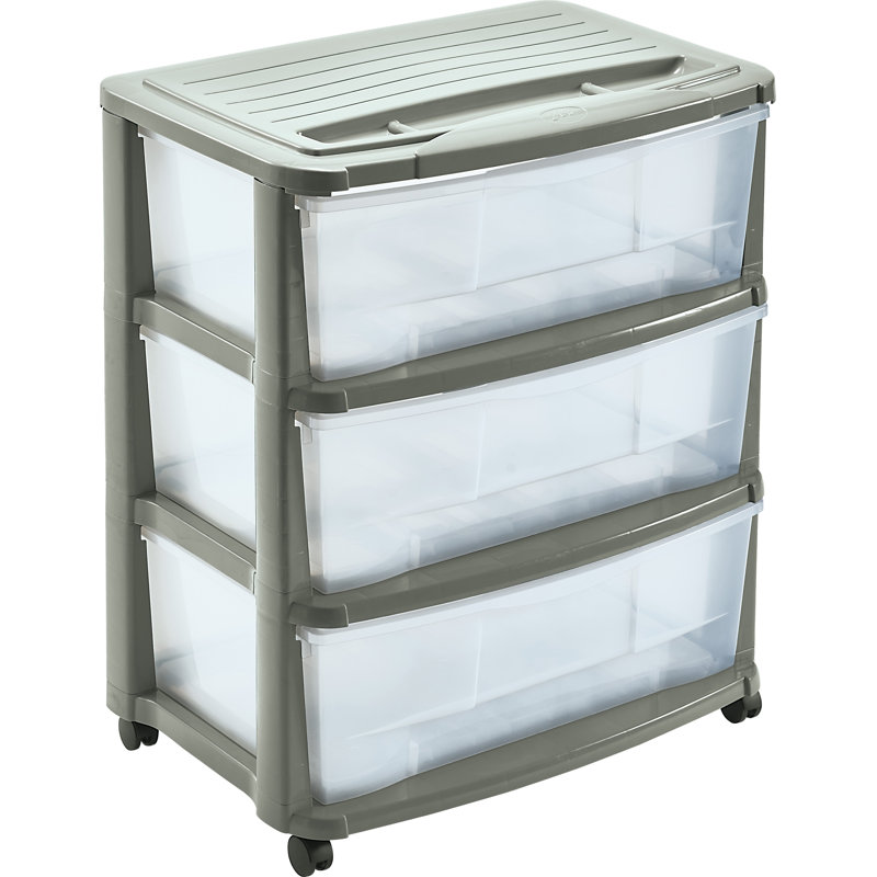 Richview 3 Drawer Storage Drawer, Light Grey/Clear