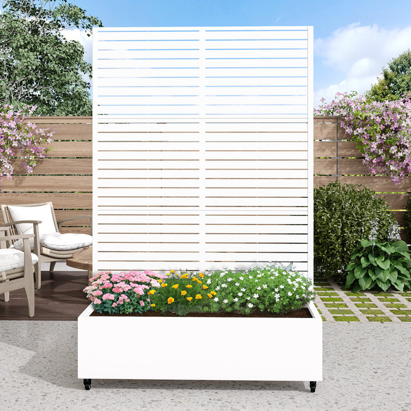 Outdoor Metal Rectangular Individual Planter Box with Trellis for Climbing Plants, White, 72" H x 47" W x 16" D