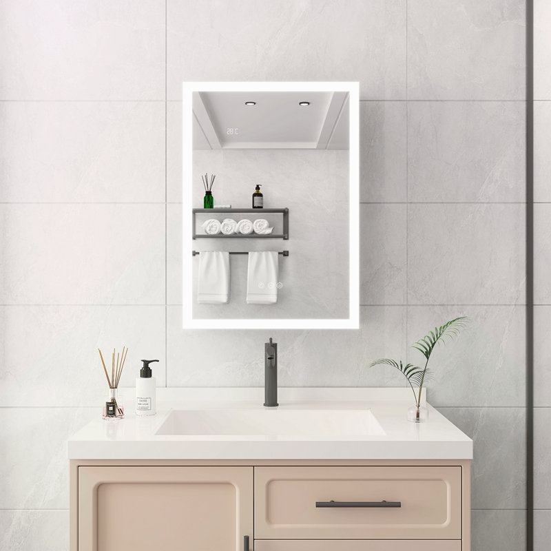 Armoire à pharmacie de salle de bain avec lumières, armoire à pharmacie DEL 28 po x 20 po avec miroir, armoire à pharmacie lumineuse avec désembueur, gradateur, horloge numérique et affichage de la température, montage en surface