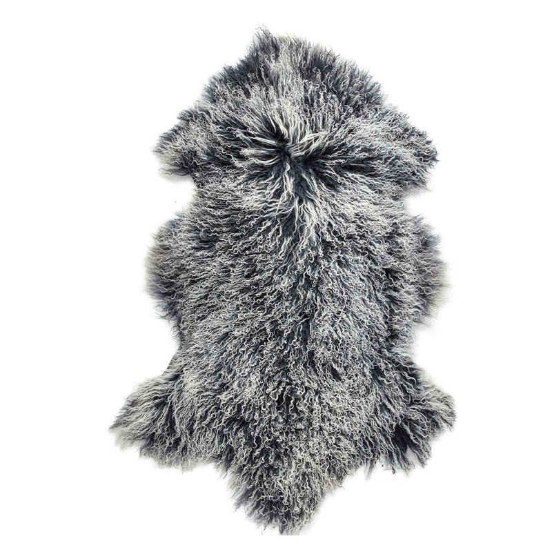 Tapis d'agneau mongol noir et blanc à deux tons