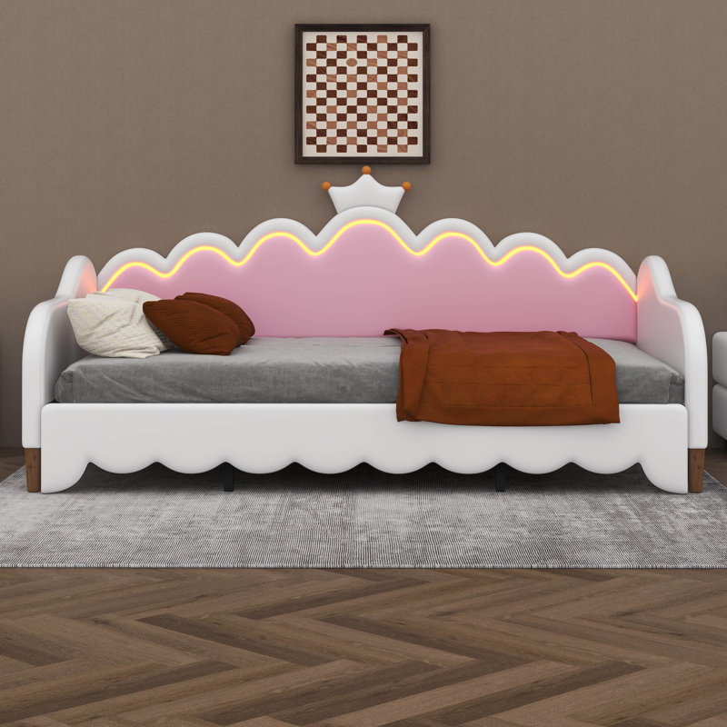 Twin Extending Modern Upholstered Princess Daybed With Crown Headboard And LED Lights, White